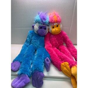 Mohawk Monkey Plush Set Blue Pink Hanging Stuffed Animal Long Arm Lot of 2 16in